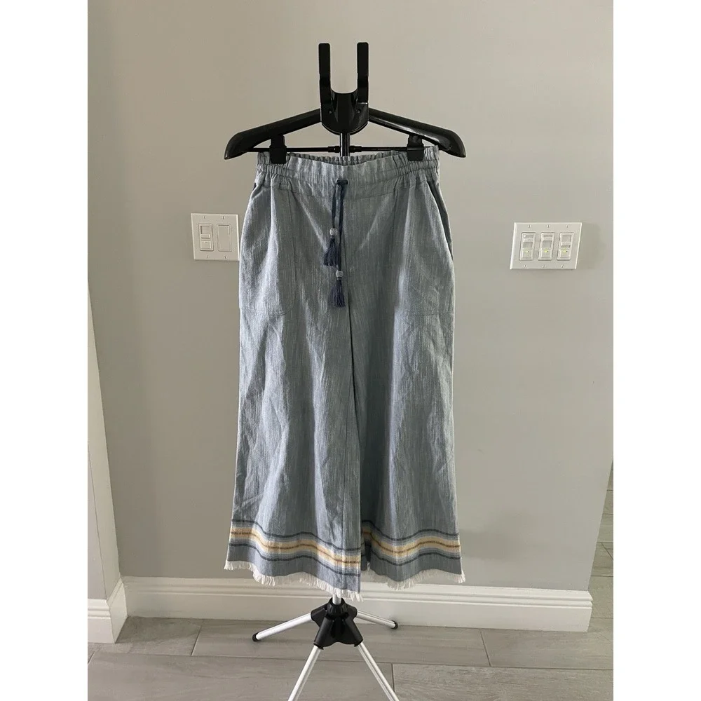 Womens Blue Striped Cropped Pants Elastic Waist Drawstring Tassel Frayed Hem - Picture 2 of 10